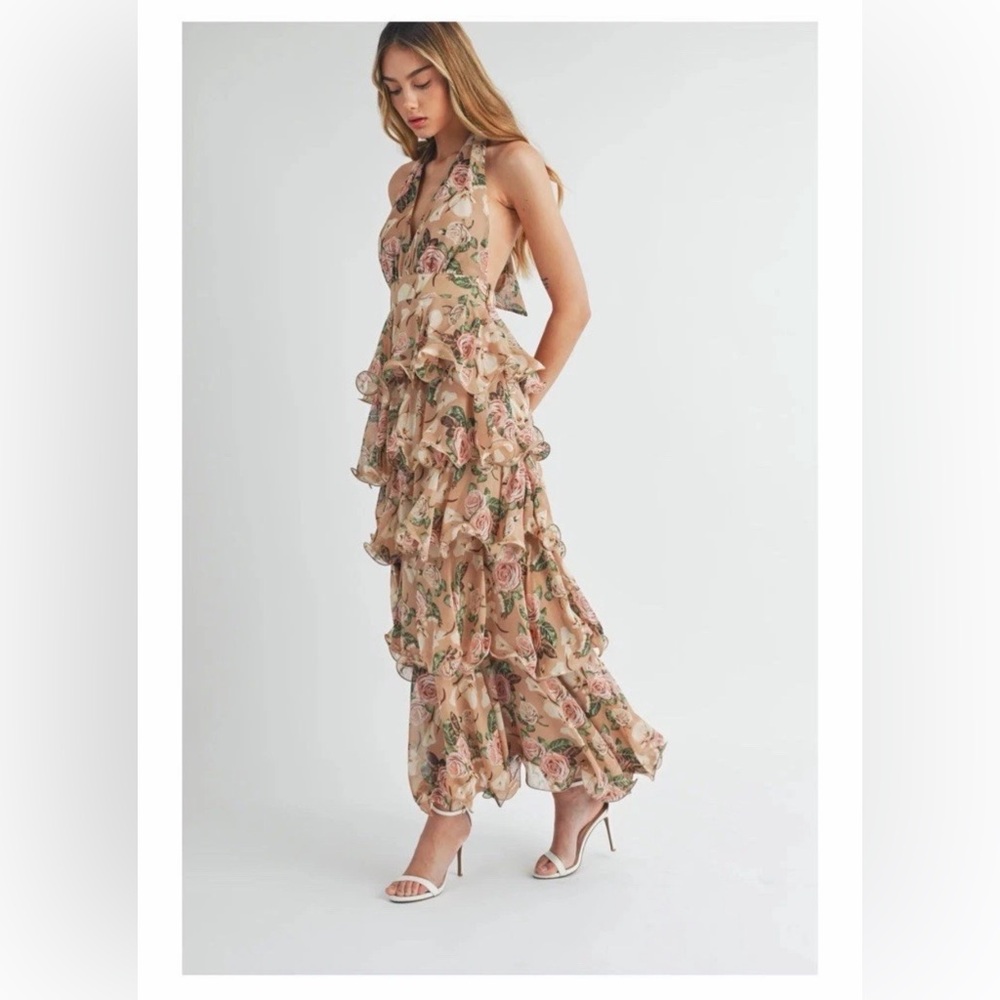 NWOT Mable Elegant Taupe Floral Tiered Maxi Dress Sz M Halter Bow Tie Spring